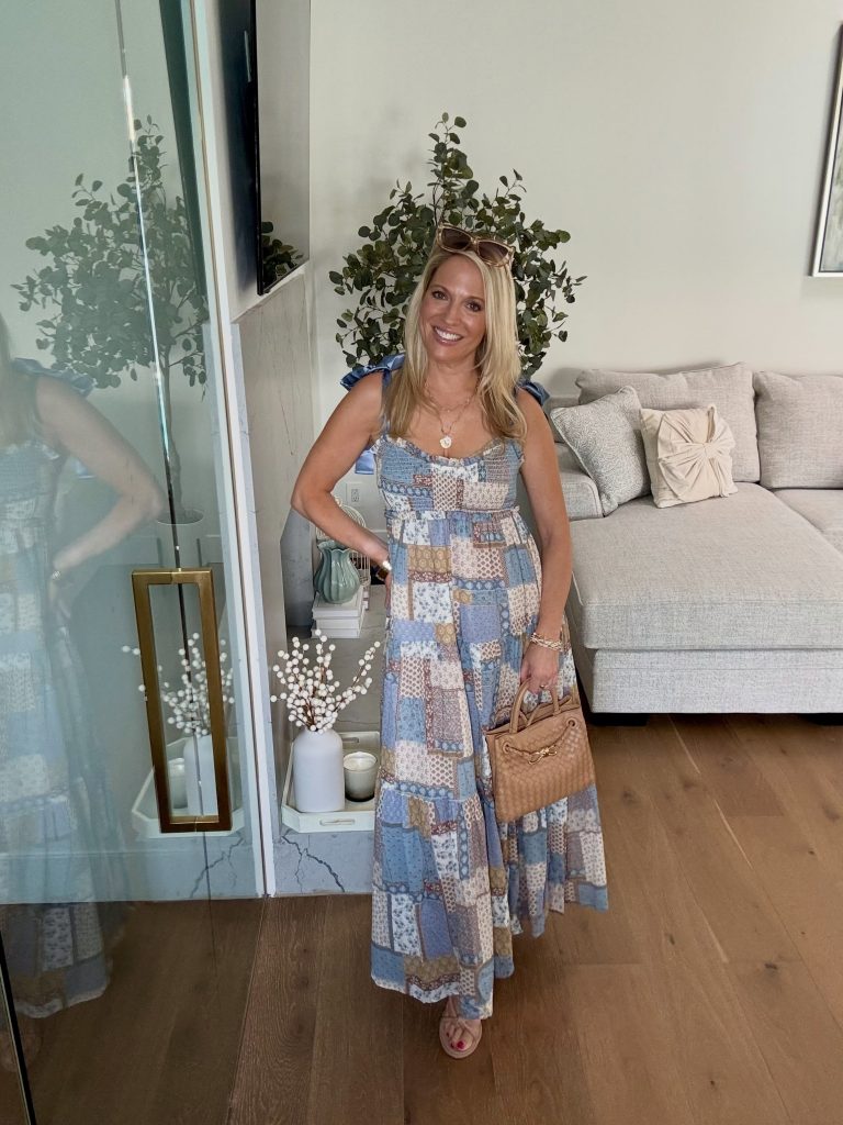 A Patchwork Sundress with Neutral Accessories for a Bright Summer Day