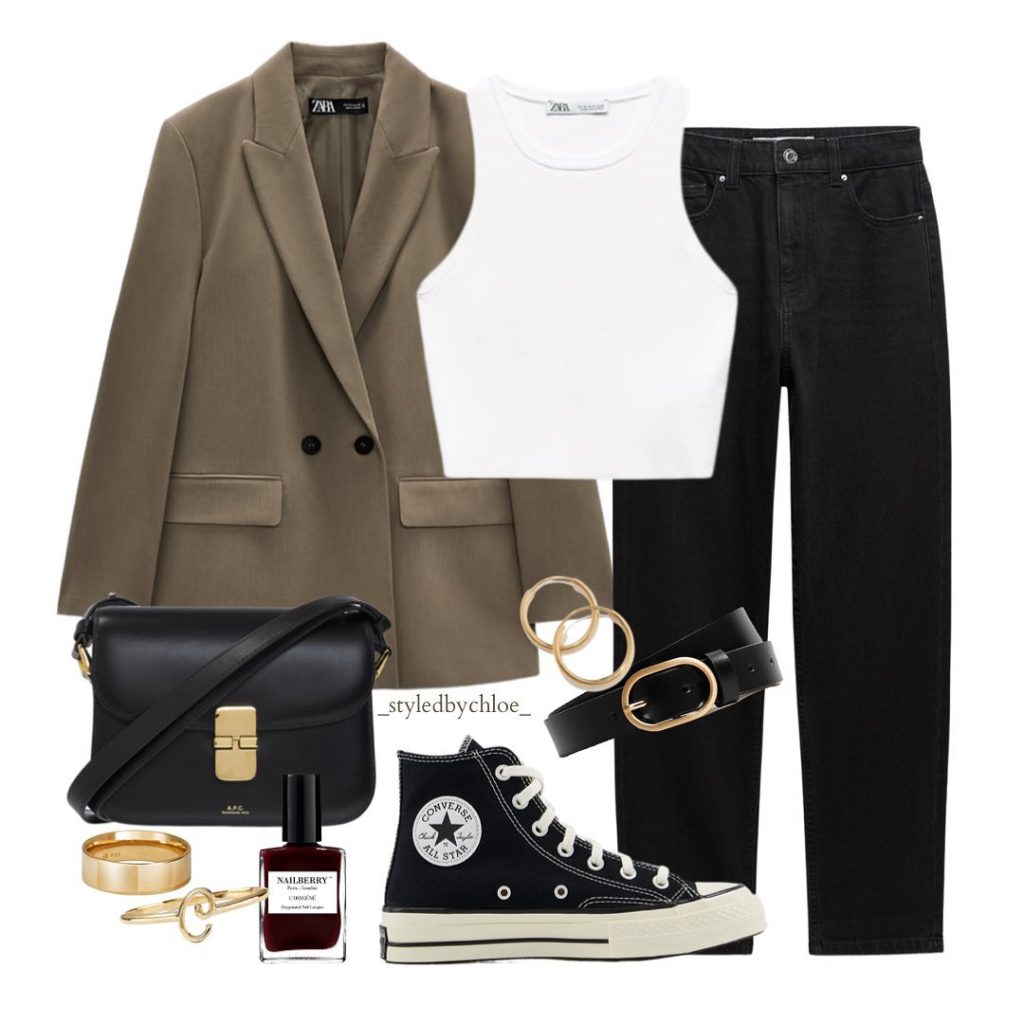 A Taupe Blazer with a White Tank and Black Jeans