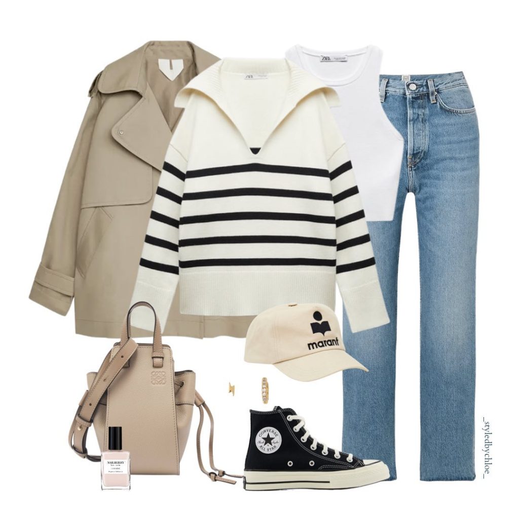A Striped Knit with a Trench Coat and Straight-Leg Denim
