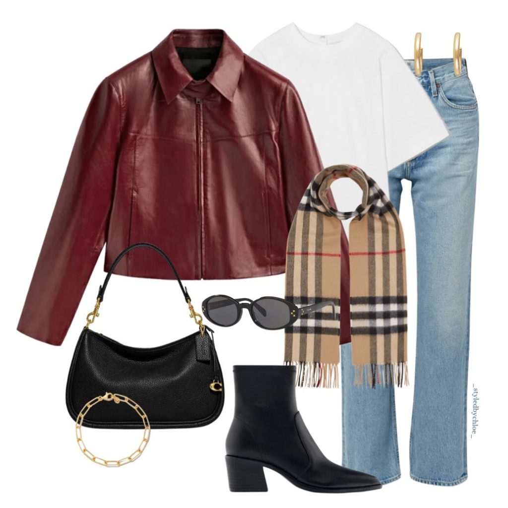 A Burgundy Leather Jacket with Light Denim and a Plaid Scarf